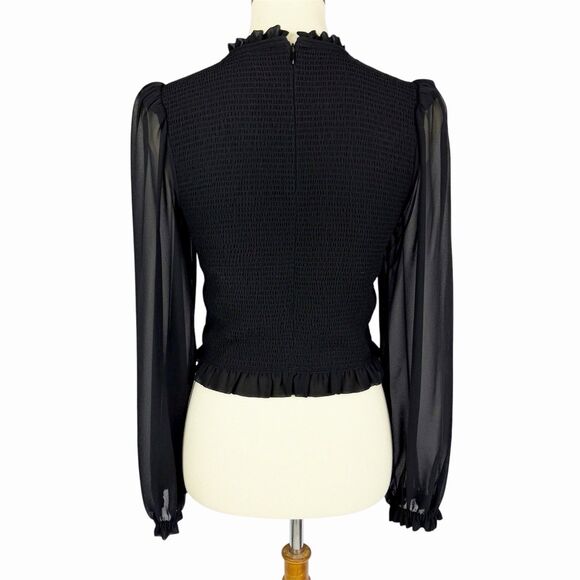 Aritzia Wilfred Tempest Blouse Sheer Long Sleeve Black Smocked Cropped Medium - Picture 3 of 13